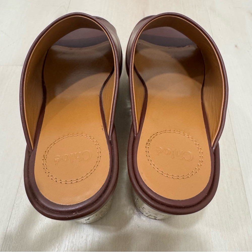Chloe Oil Leather Cork Platform Mule Sandals Women's 36 = US 6 Brown Gold Italy - Picture 10 of 16